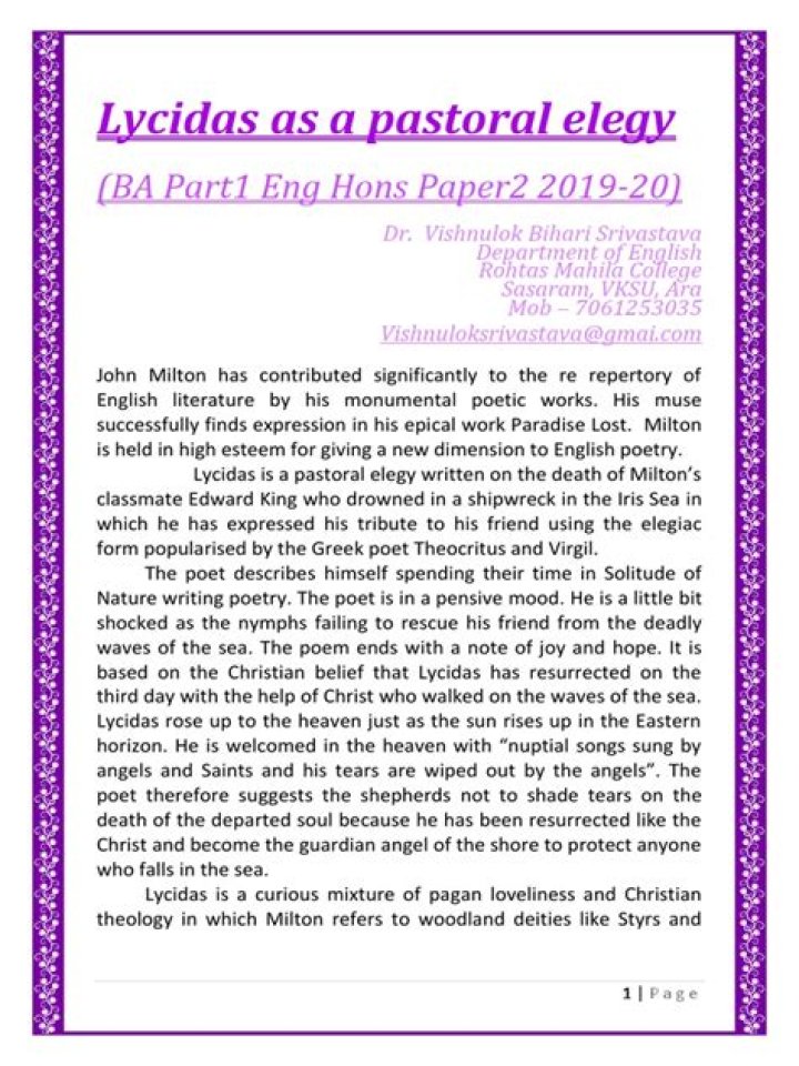 examine lycidas as a pastoral elegy