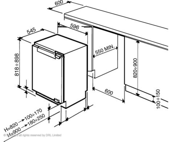 height of under counter fridge