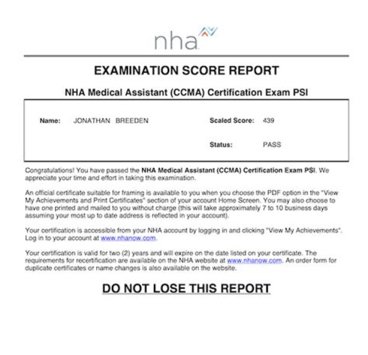 nha ccma passing score 2020